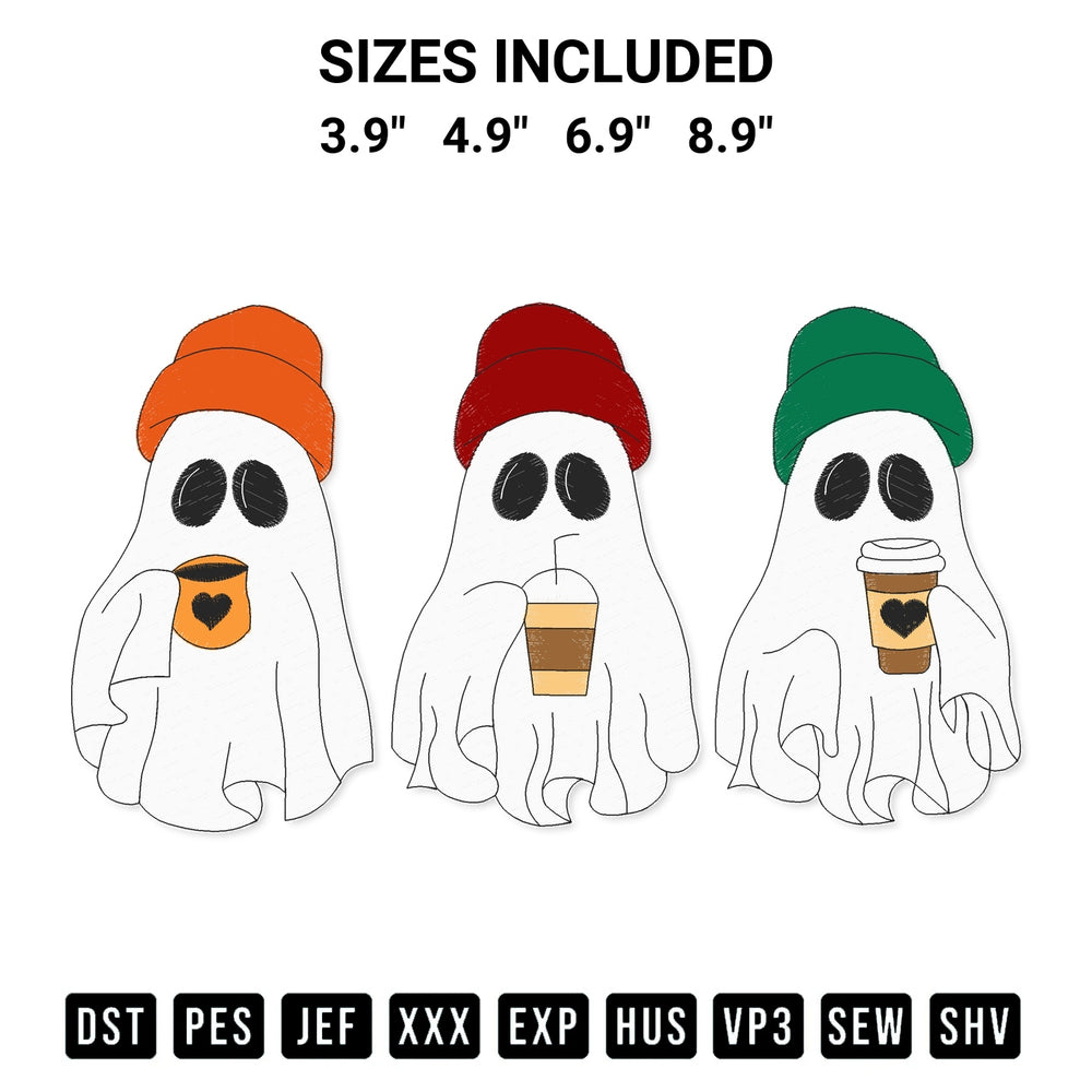Shop the Ghosts Drink Coffee Funny Embroidery Design machine embroidery pattern at Designspacks.com. Beautifully digitized for flawless stitching on any fabric. Available sizes: 3.9", 4.9", 6.9", 8.9".