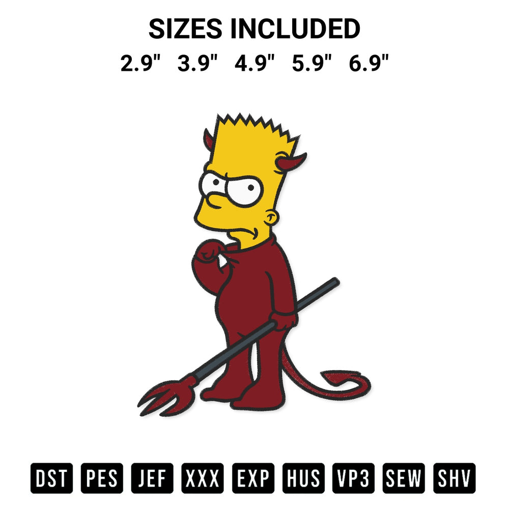 Get the Devil Bart Simpson Embroidery Design embroidery design for your custom crafts! Premium digitized files available for instant download at Designspacks.com. Available sizes: 2.9", 3.9", 4.9", 5.9", 6.9".