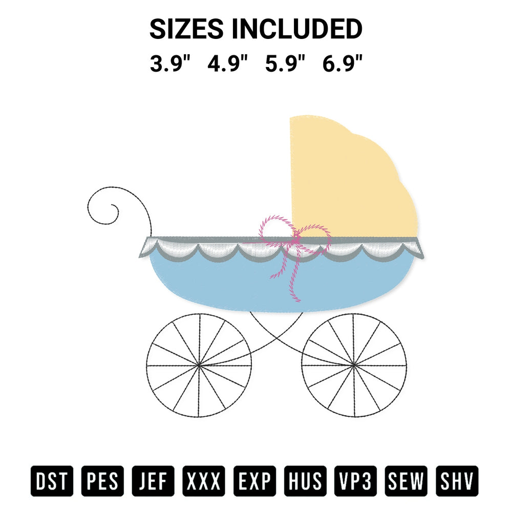 Transform your fabrics with the Mini Baby Carriage Embroidery Design embroidery design. Instant access to premium digitized patterns at Designspacks.com. Available sizes: 3.9", 4.9", 5.9", 6.9".