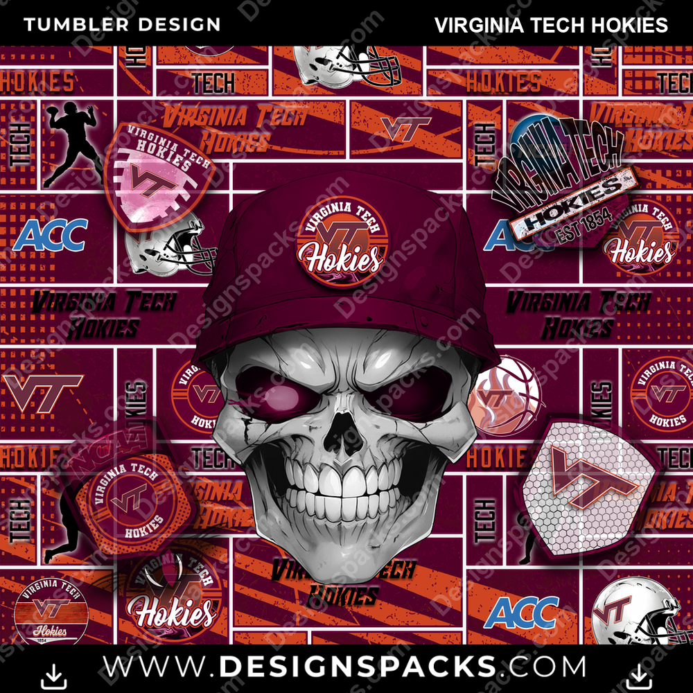 College Sport Skull Virginia Tech Hokies NCAA College Sport Tumbler Digital Wrap Design Download