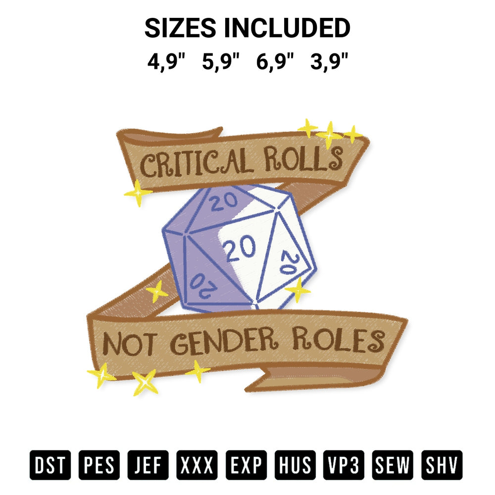 Add a unique touch to your apparel with the Critical Rolls Not Gender Roles Dungeons And Dragons Logo Embroidery Design embroidery file. Premium instant download available now on Designspacks.com. Available sizes: 4,9", 5,9", 6,9", 3,9".