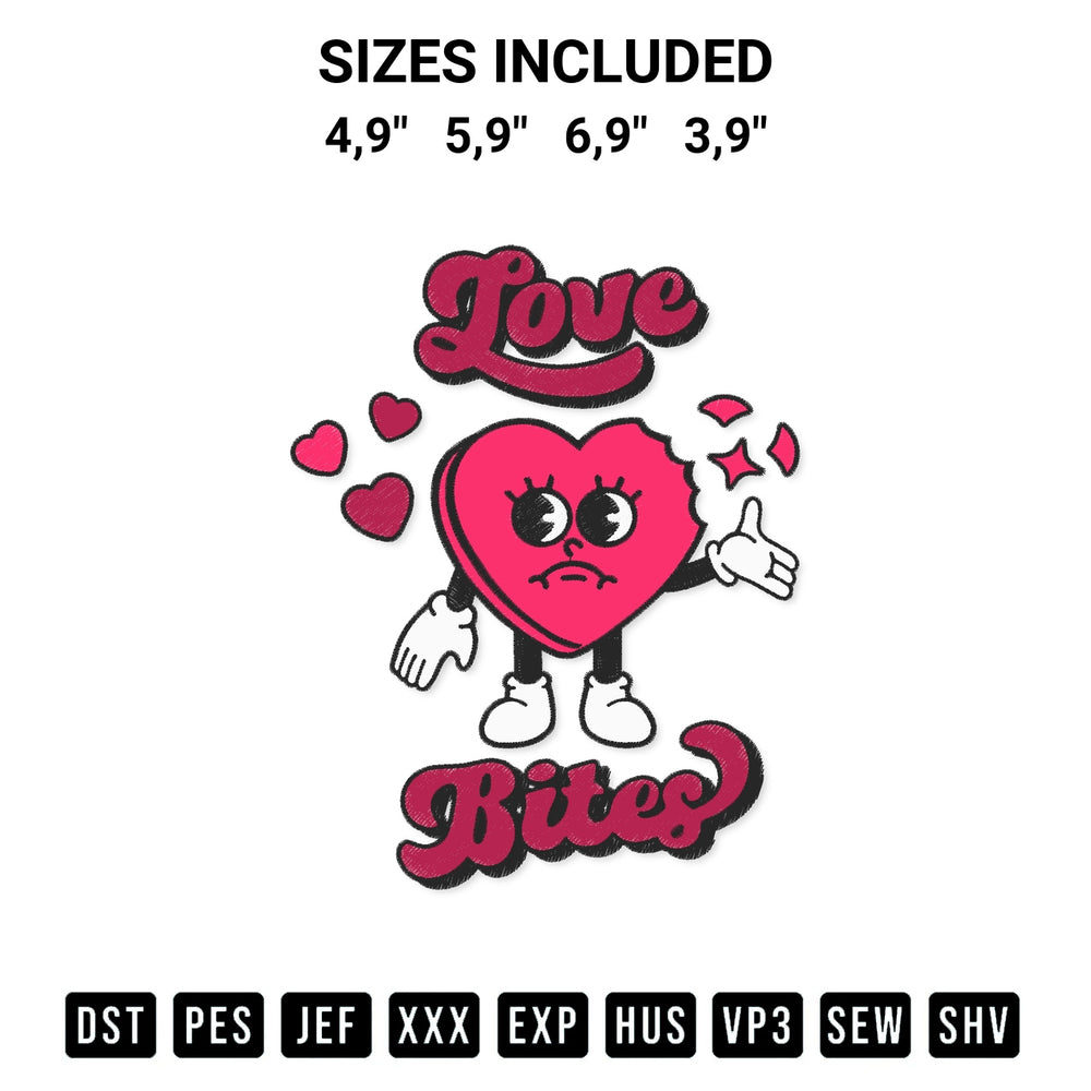 Stitch like a pro with the Love Bites Heart Retro Valentines Day Cute Gift For Couple Embroidery Design embroidery pattern from Designspacks.com. High-quality digital machine embroidery file. Available sizes: 4,9", 5,9", 6,9", 3,9".