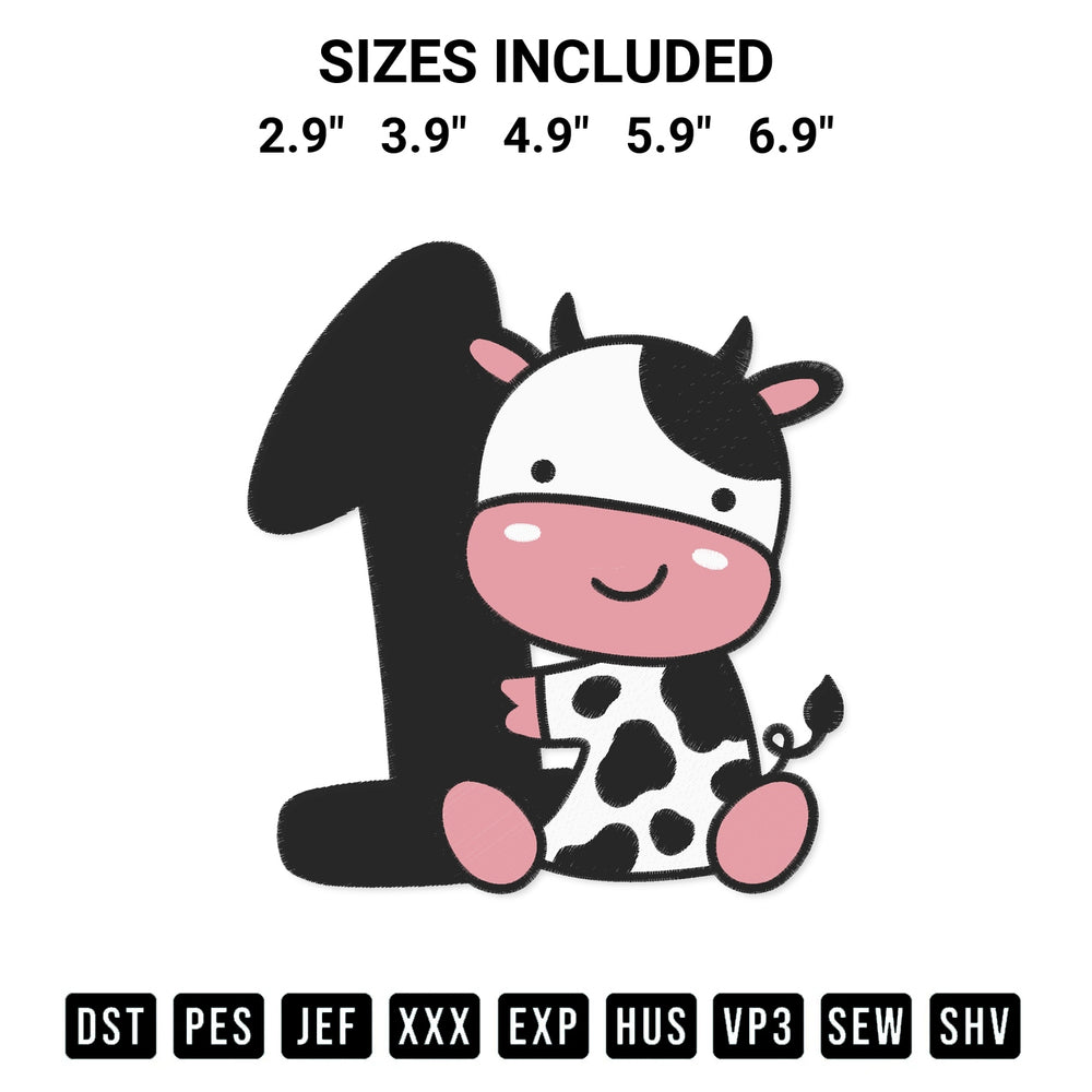 Transform your fabrics with the Cow With Number One Birthday Embroidery Design embroidery design. Instant access to premium digitized patterns at Designspacks.com. Available sizes: 2.9", 3.9", 4.9", 5.9", 6.9".