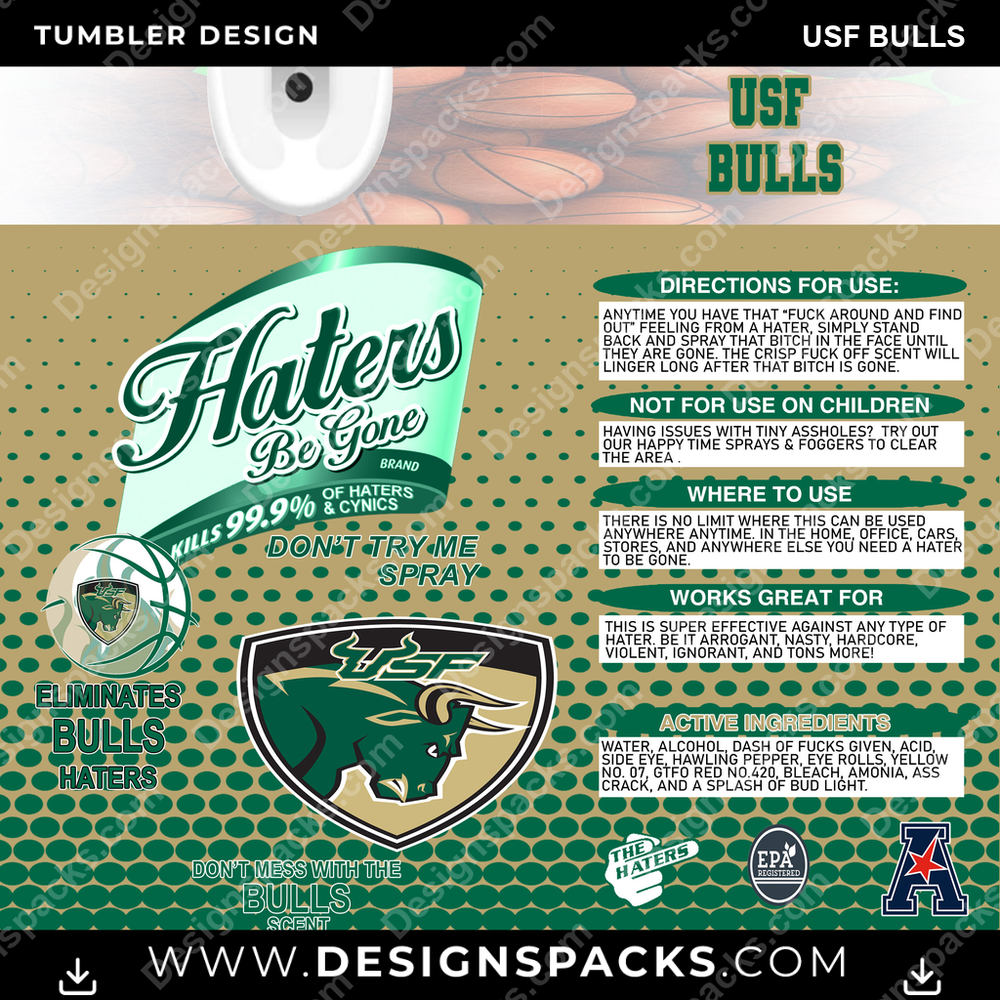 College Sport Hates Be Gone (MBB) USF Bulls Tumbler Digital Wrap Design