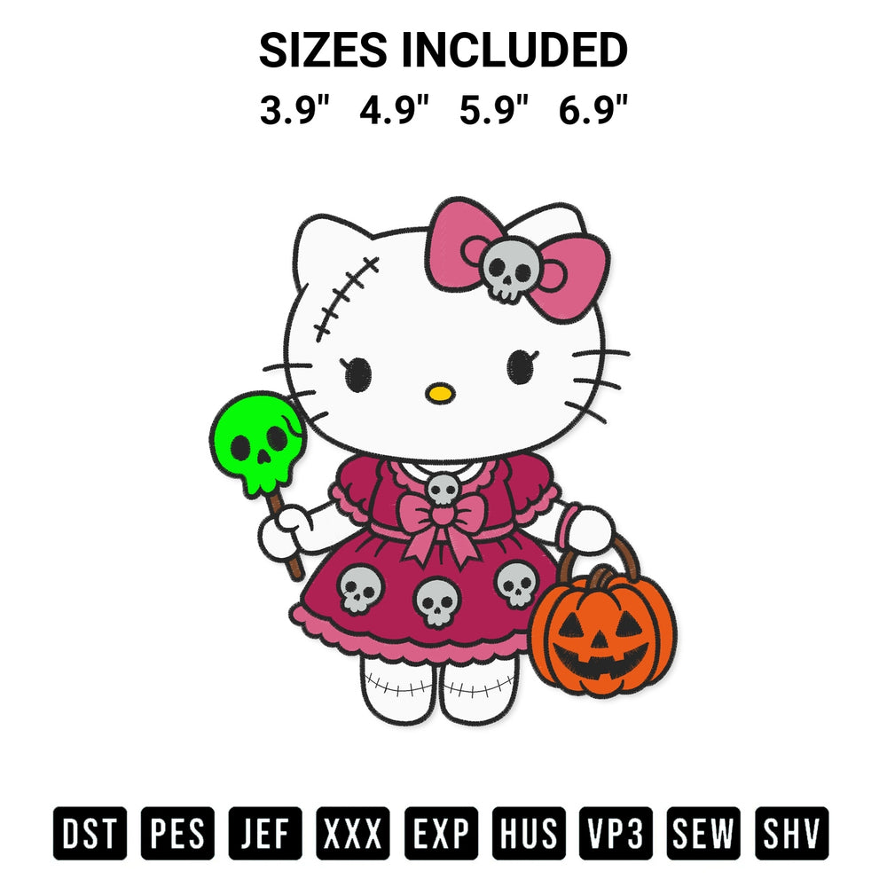 Add a unique touch to your apparel with the Spooky Hello Kitty Halloween With Pumpkin Embroidery Design embroidery file. Premium instant download available now on Designspacks.com. Available sizes: 3.9", 4.9", 5.9", 6.9".
