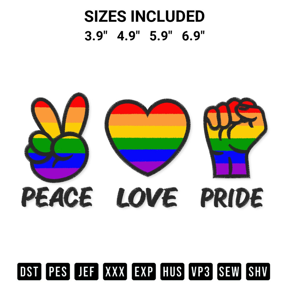 Download the Peace Love Pride Embroidery Design machine embroidery design exclusively at Designspacks.com. Premium digitized pattern for apparel and DIY crafts. Available sizes: 3.9", 4.9", 5.9", 6.9".