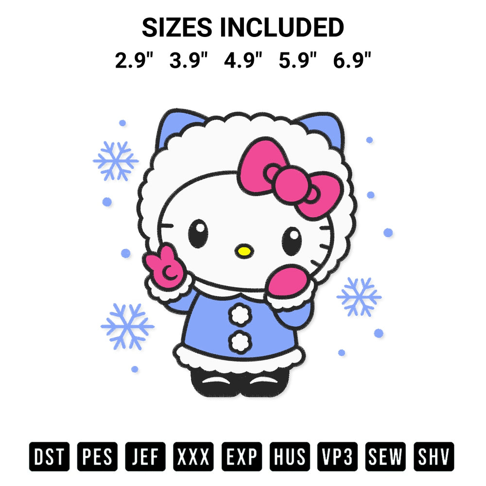 Stitch like a pro with the Cute Hello Kitty Winter Embroidery Design embroidery pattern from Designspacks.com. High-quality digital machine embroidery file. Available sizes: 2.9", 3.9", 4.9", 5.9", 6.9".