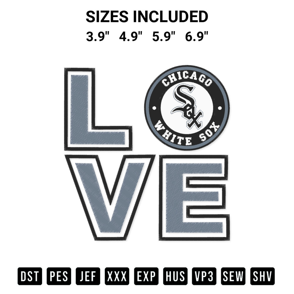 Discover the perfect addition to your crafting collection: Love Chicago White Sox Embroidery Design embroidery file. Instantly available at Designspacks.com. Available sizes: 3.9", 4.9", 5.9", 6.9".