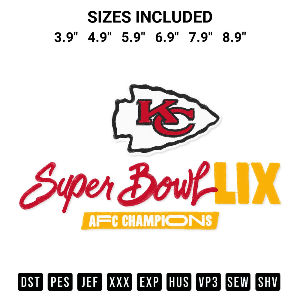 Get the Kc Chiefs Super Bowl Lix Afc Champions Embroidery Design embroidery design for your custom crafts! Premium digitized files available for instant download at Designspacks.com. Available sizes: 3.9", 4.9", 5.9", 6.9", 7.9", 8.9".