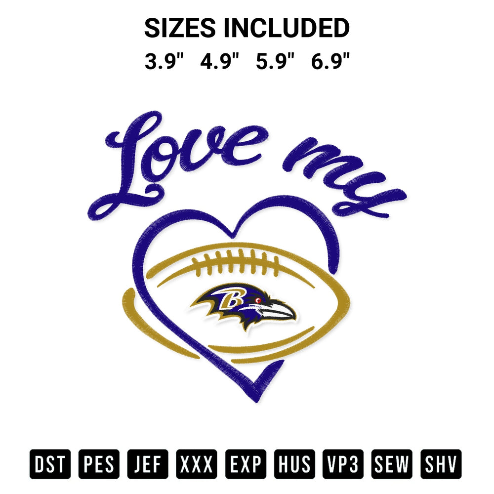 Elevate your next project with our Love My Baltimore Ravens Embroidery Design embroidery file. Shop high-quality digital patterns instantly at Designspacks.com. Available sizes: 3.9", 4.9", 5.9", 6.9".