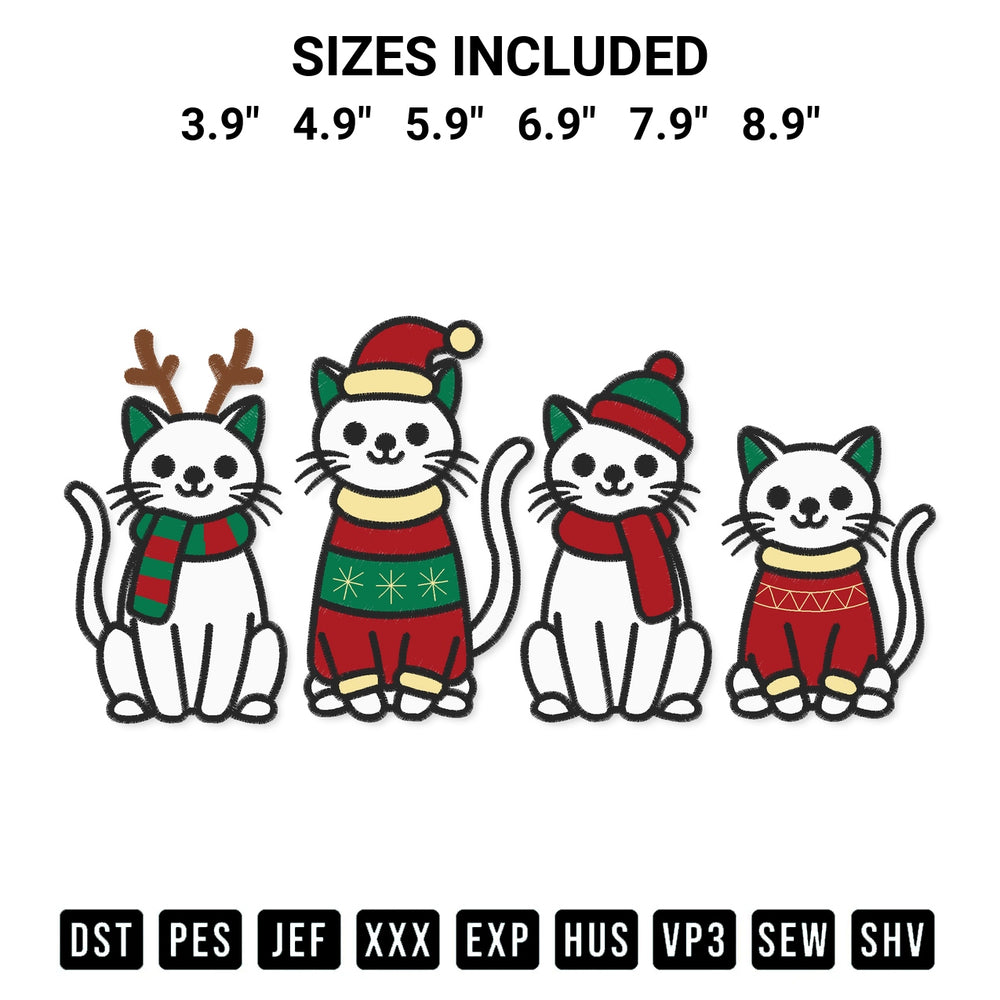 Add a unique touch to your apparel with the Christmas Cats Embroidery Design embroidery file. Premium instant download available now on Designspacks.com. Available sizes: 3.9", 4.9", 5.9", 6.9", 7.9", 8.9".