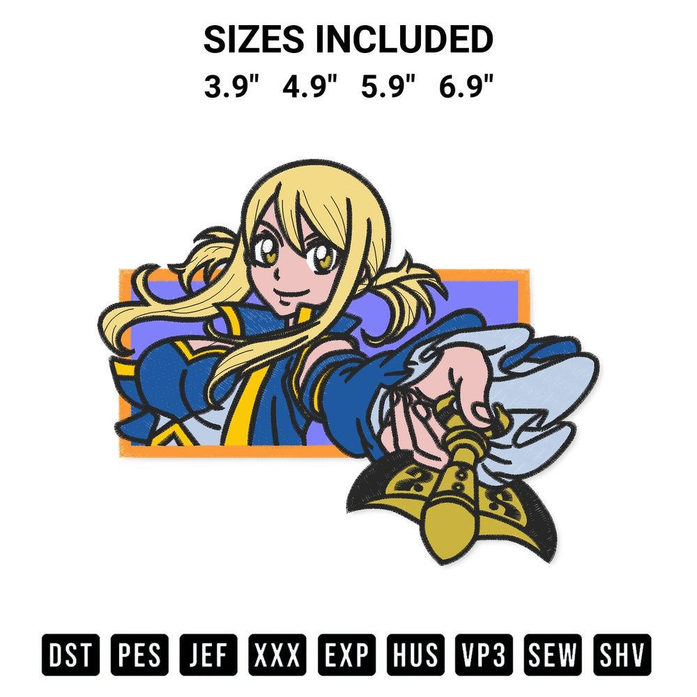 Elevate your next project with our Lucy Heartfilia Embroidery Design embroidery file. Shop high-quality digital patterns instantly at Designspacks.com. Available sizes: 3.9", 4.9", 5.9", 6.9".
