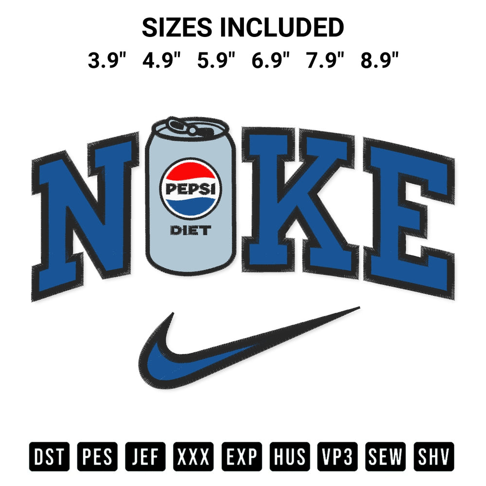 Elevate your next project with our Diet Pepsi X Nike Embroidery Design embroidery file. Shop high-quality digital patterns instantly at Designspacks.com. Available sizes: 3.9", 4.9", 5.9", 6.9", 7.9", 8.9".