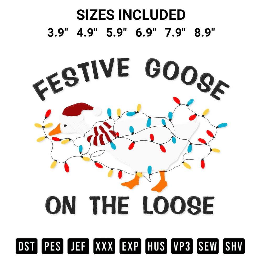 Download the Festive Goose On The Loose Embroidery Design machine embroidery design exclusively at Designspacks.com. Premium digitized pattern for apparel and DIY crafts. Available sizes: 3.9", 4.9", 5.9", 6.9", 7.9", 8.9".