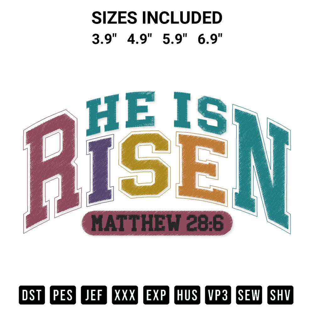 Download the He Is Risen Embroidery Design machine embroidery design exclusively at Designspacks.com. Premium digitized pattern for apparel and DIY crafts. Available sizes: 3.9", 4.9", 5.9", 6.9".