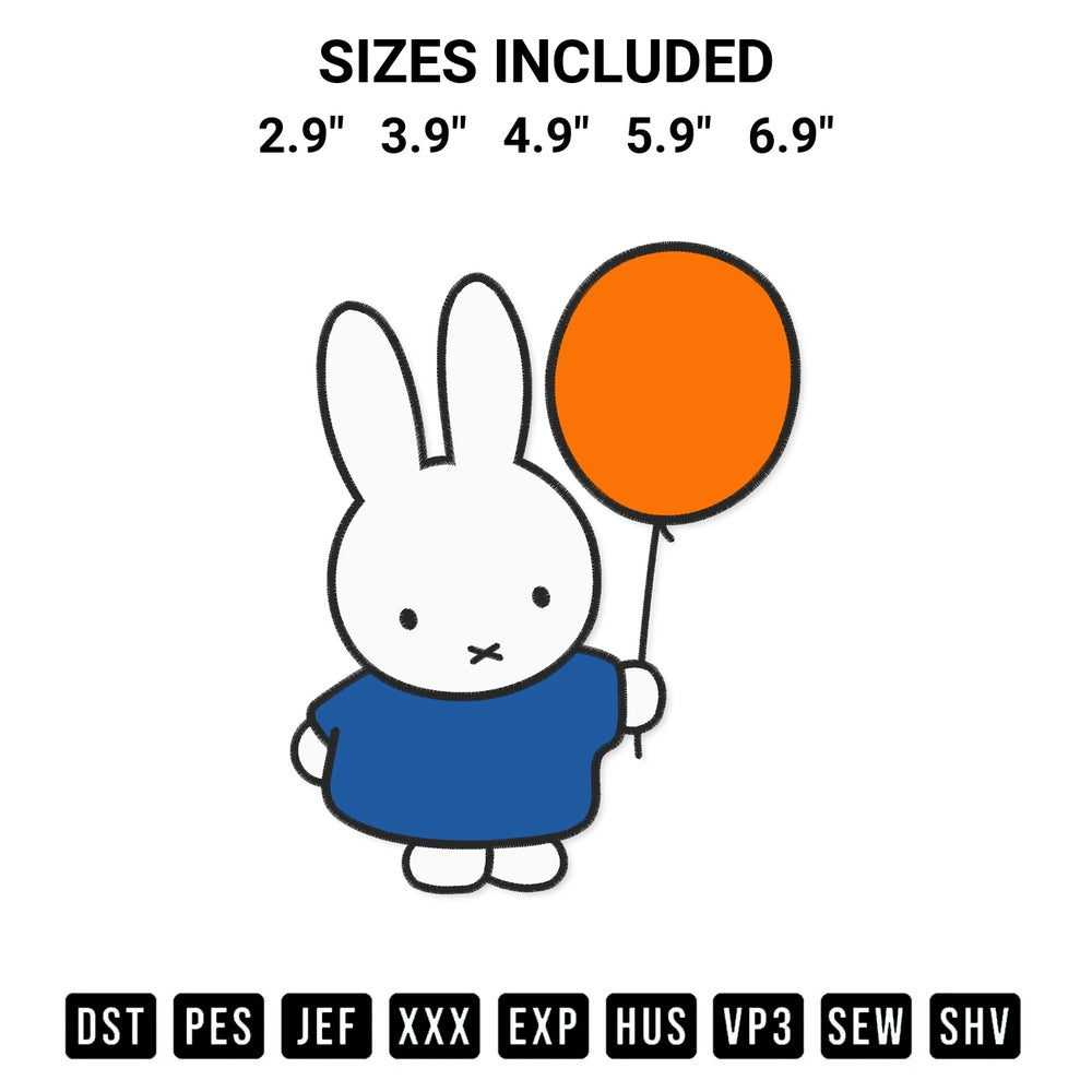 Discover the perfect addition to your crafting collection: Miffy Holding Balloons Embroidery Design embroidery file. Instantly available at Designspacks.com. Available sizes: 2.9", 3.9", 4.9", 5.9", 6.9".
