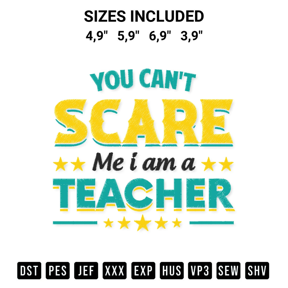 Elevate your next project with our Funny You Cant Scare Me I Am A Teacher Spooky Halloween Logo Embroidery Design embroidery file. Shop high-quality digital patterns instantly at Designspacks.com. Available sizes: 4,9", 5,9", 6,9", 3,9".