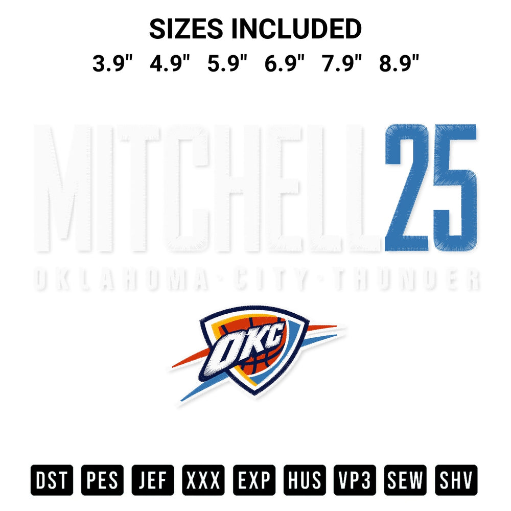 Transform your fabrics with the Ajay Mitchell 25 Oklahoma City Thunder Embroidery Design embroidery design. Instant access to premium digitized patterns at Designspacks.com. Available sizes: 3.9", 4.9", 5.9", 6.9", 7.9", 8.9".