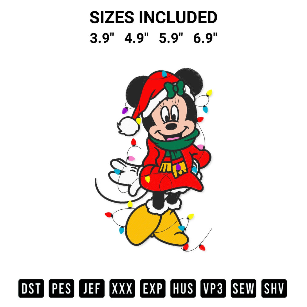 Transform your fabrics with the Minnie Mouse Christmas Lights Embroidery Design embroidery design. Instant access to premium digitized patterns at Designspacks.com. Available sizes: 3.9", 4.9", 5.9", 6.9".