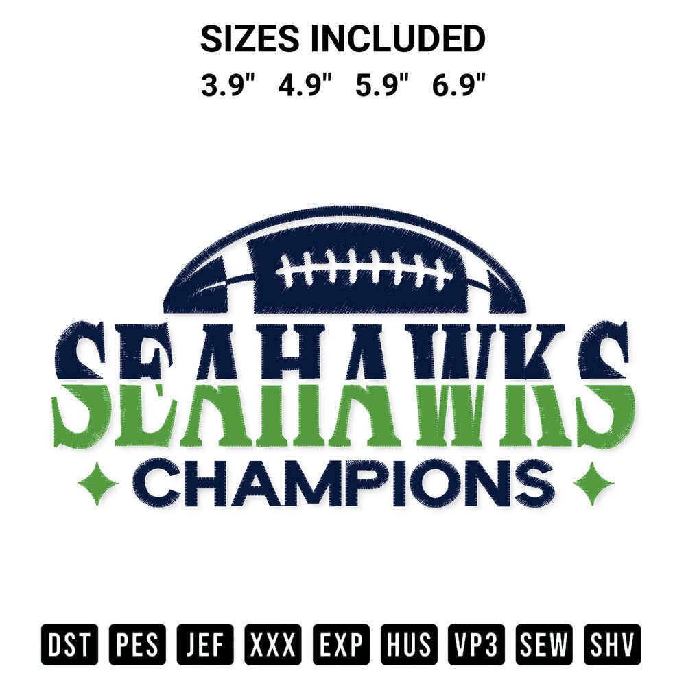 Create amazing crafts with the Seahawks Champions Embroidery Design embroidery file. High-quality digital download from Designspacks.com, perfect for beginners and pros. Available sizes: 3.9", 4.9", 5.9", 6.9".
