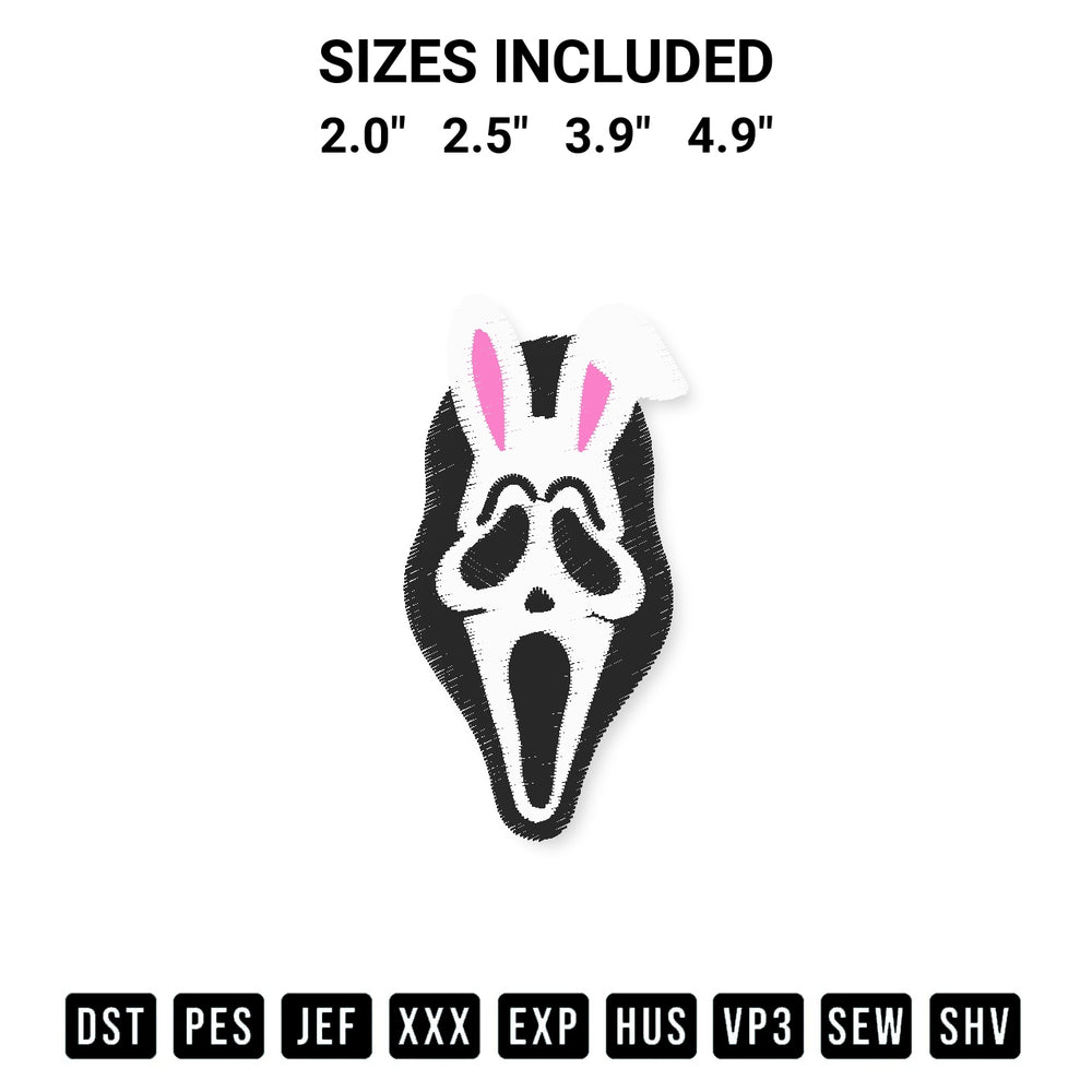 Create amazing crafts with the Ghostface Bunny Embroidery Design embroidery file. High-quality digital download from Designspacks.com, perfect for beginners and pros. Available sizes: 2.0", 2.5", 3.9", 4.9".