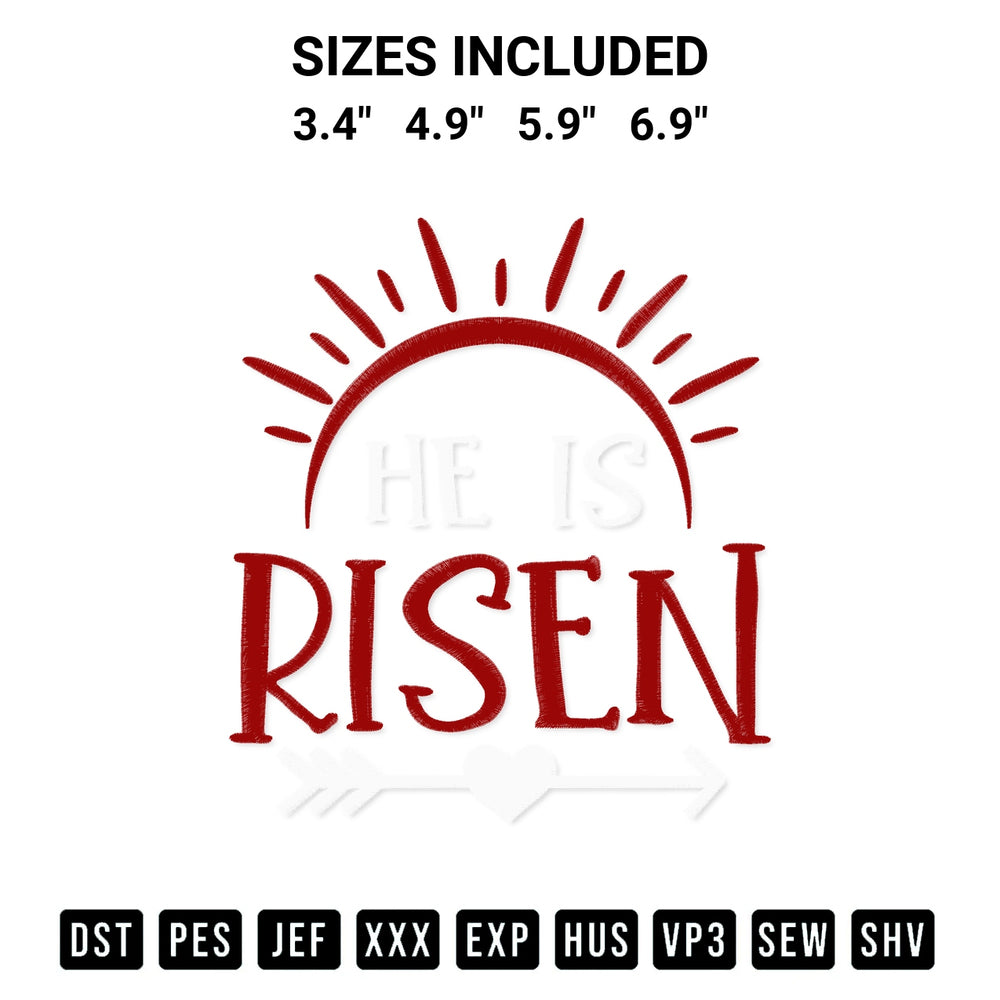 Add a unique touch to your apparel with the Easter Christian He Is Risen Sun Embroidery Design embroidery file. Premium instant download available now on Designspacks.com. Available sizes: 3.4", 4.9", 5.9", 6.9".