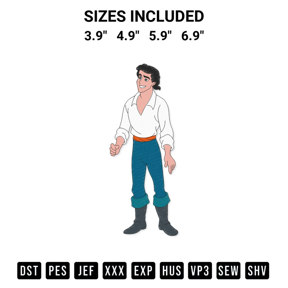 Transform your fabrics with the Eric Disney Prince Embroidery Design embroidery design. Instant access to premium digitized patterns at Designspacks.com. Available sizes: 3.9", 4.9", 5.9", 6.9".
