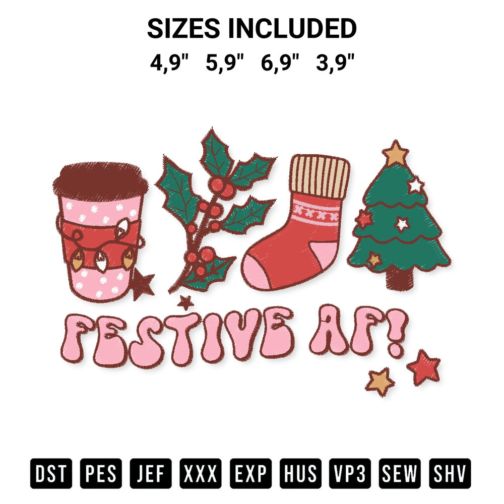 Add a unique touch to your apparel with the Festive Af Merry Christmas Drink Christmas Party Embroidery Design embroidery file. Premium instant download available now on Designspacks.com. Available sizes: 4,9", 5,9", 6,9", 3,9".
