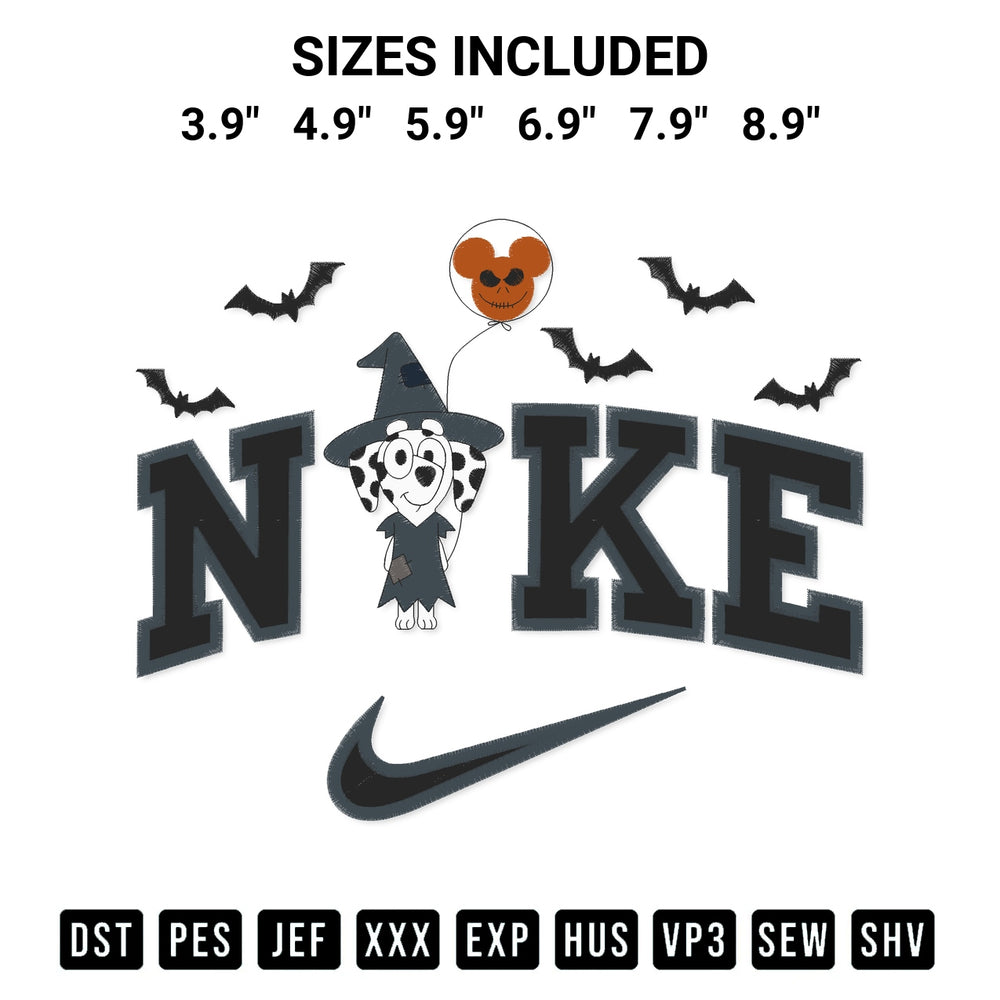 Transform your fabrics with the Bluey Chloe Halloween X Nike Embroidery Design embroidery design. Instant access to premium digitized patterns at Designspacks.com. Available sizes: 3.9", 4.9", 5.9", 6.9", 7.9", 8.9".
