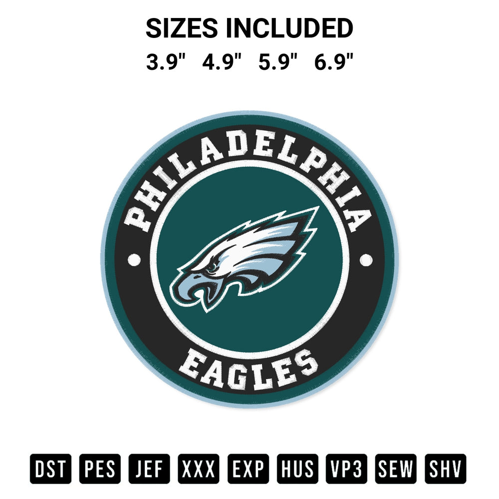 Create amazing crafts with the Philadelphia Eagles Circle Logo Embroidery Design embroidery file. High-quality digital download from Designspacks.com, perfect for beginners and pros. Available sizes: 3.9", 4.9", 5.9", 6.9".