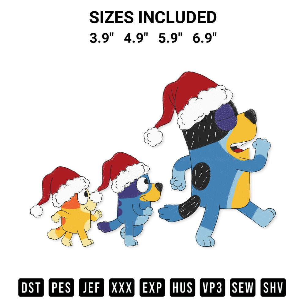 Get the Family Bluey Walking Christmas Embroidery Design embroidery design for your custom crafts! Premium digitized files available for instant download at Designspacks.com. Available sizes: 3.9", 4.9", 5.9", 6.9".