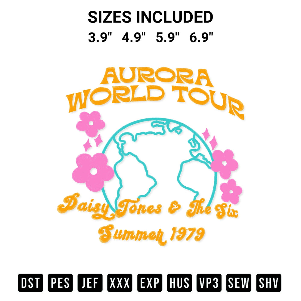Get the Aurora World Tour Band Embroidery Design embroidery design for your custom crafts! Premium digitized files available for instant download at Designspacks.com. Available sizes: 3.9", 4.9", 5.9", 6.9".