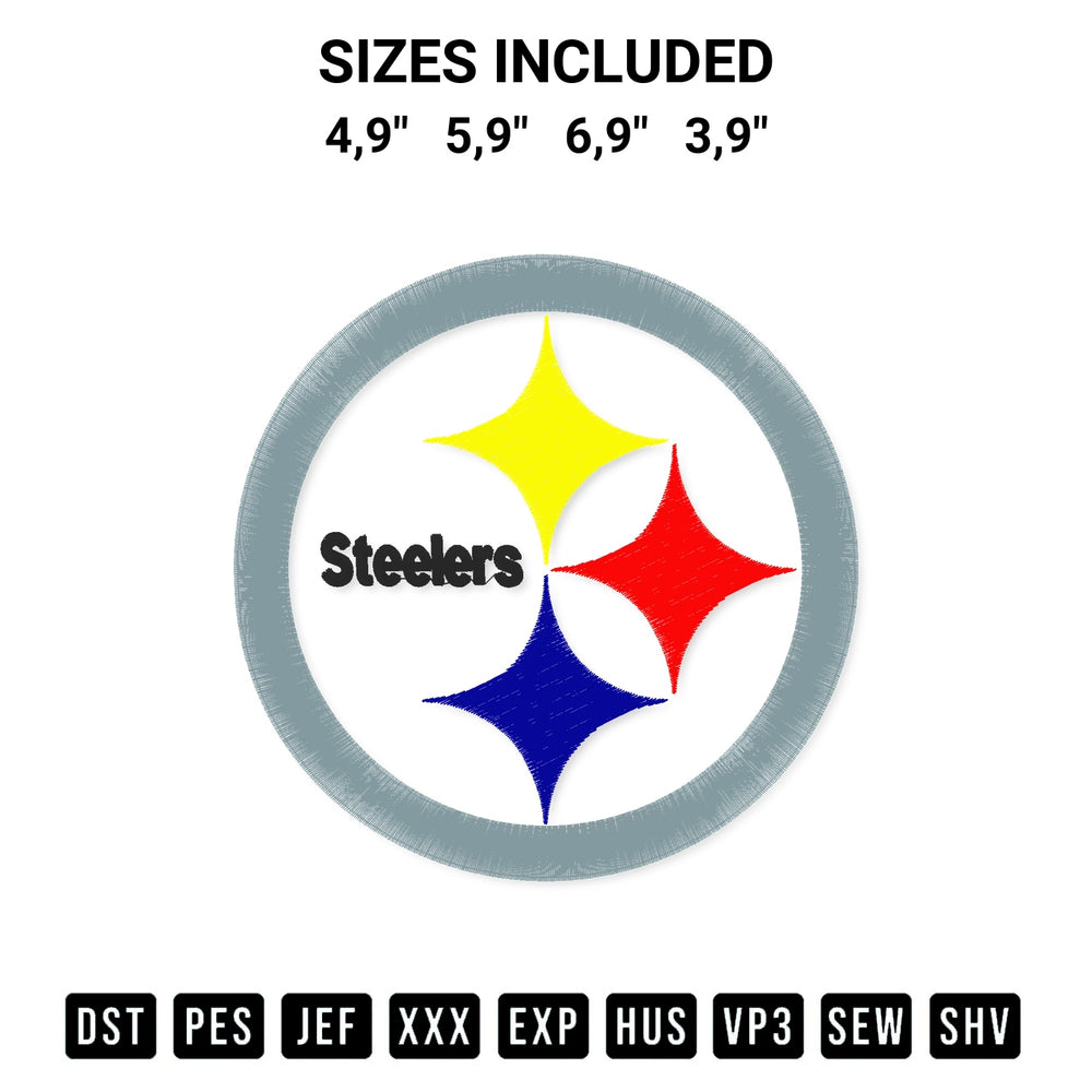 Elevate your next project with our Pittsburgh Steelers Logo Embroidery Design embroidery file. Shop high-quality digital patterns instantly at Designspacks.com. Available sizes: 4,9", 5,9", 6,9", 3,9".