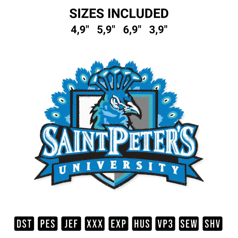 Transform your fabrics with the Saint Peters University Saint Peters Peacocks Mens Basketball Logo Embroidery Design embroidery design. Instant access to premium digitized patterns at Designspacks.com. Available sizes: 4,9", 5,9", 6,9", 3,9".