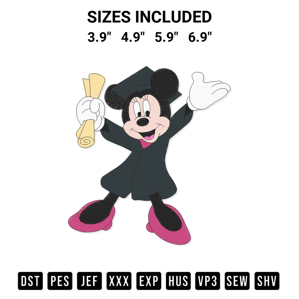 Create amazing crafts with the Graduation Minnie Mouse Embroidery Design embroidery file. High-quality digital download from Designspacks.com, perfect for beginners and pros. Available sizes: 3.9", 4.9", 5.9", 6.9".