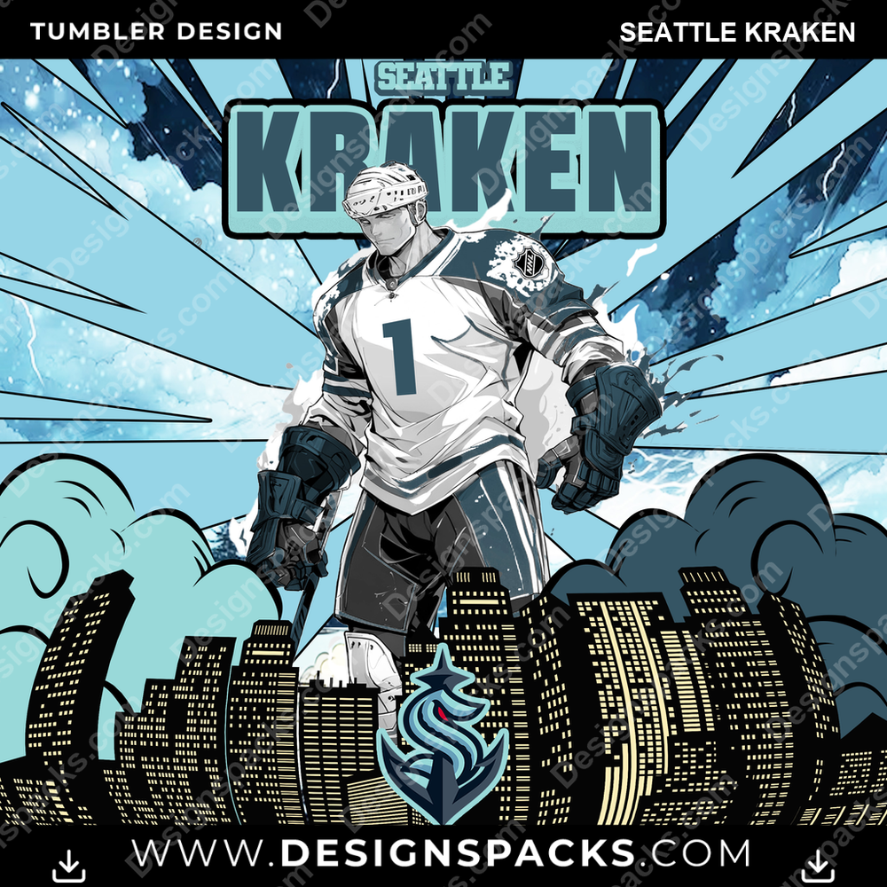 Ice Hockey Comic Cover Seattle Kraken Tumbler Digital Wrap Design