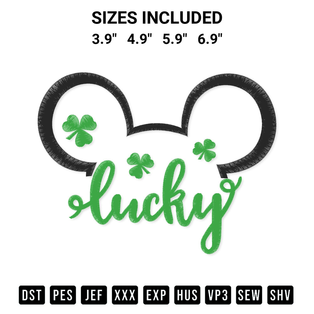Elevate your next project with our Lucky Clover Happy Mickey Ears Embroidery Design embroidery file. Shop high-quality digital patterns instantly at Designspacks.com. Available sizes: 3.9", 4.9", 5.9", 6.9".
