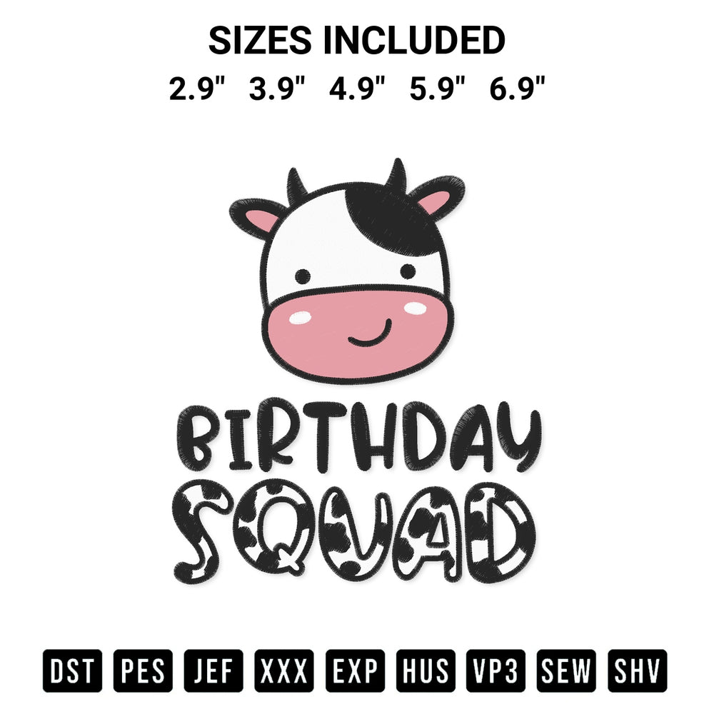 Shop the Cow Birthday Squad Embroidery Design machine embroidery pattern at Designspacks.com. Beautifully digitized for flawless stitching on any fabric. Available sizes: 2.9", 3.9", 4.9", 5.9", 6.9".