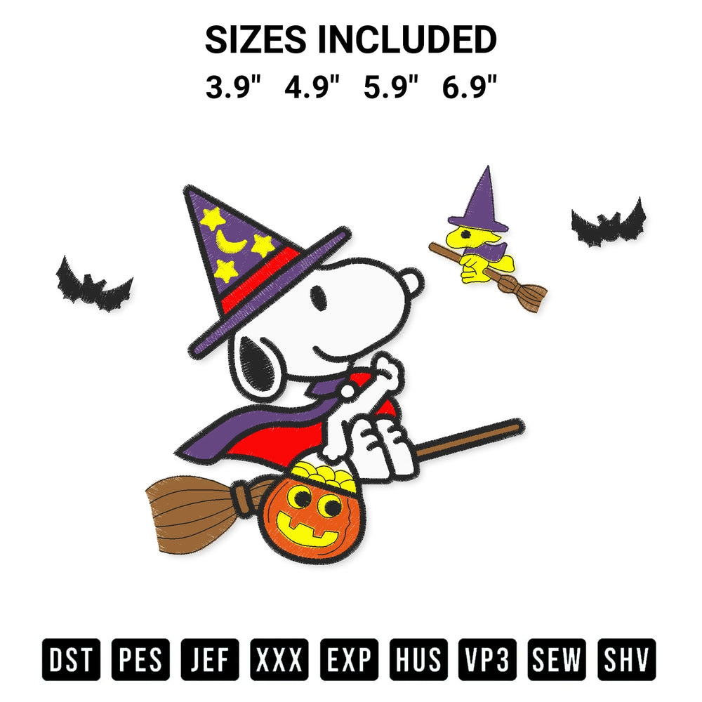 Stitch like a pro with the Snoopy Woodstock Witch Riding Broom Embroidery Design embroidery pattern from Designspacks.com. High-quality digital machine embroidery file. Available sizes: 3.9", 4.9", 5.9", 6.9".
