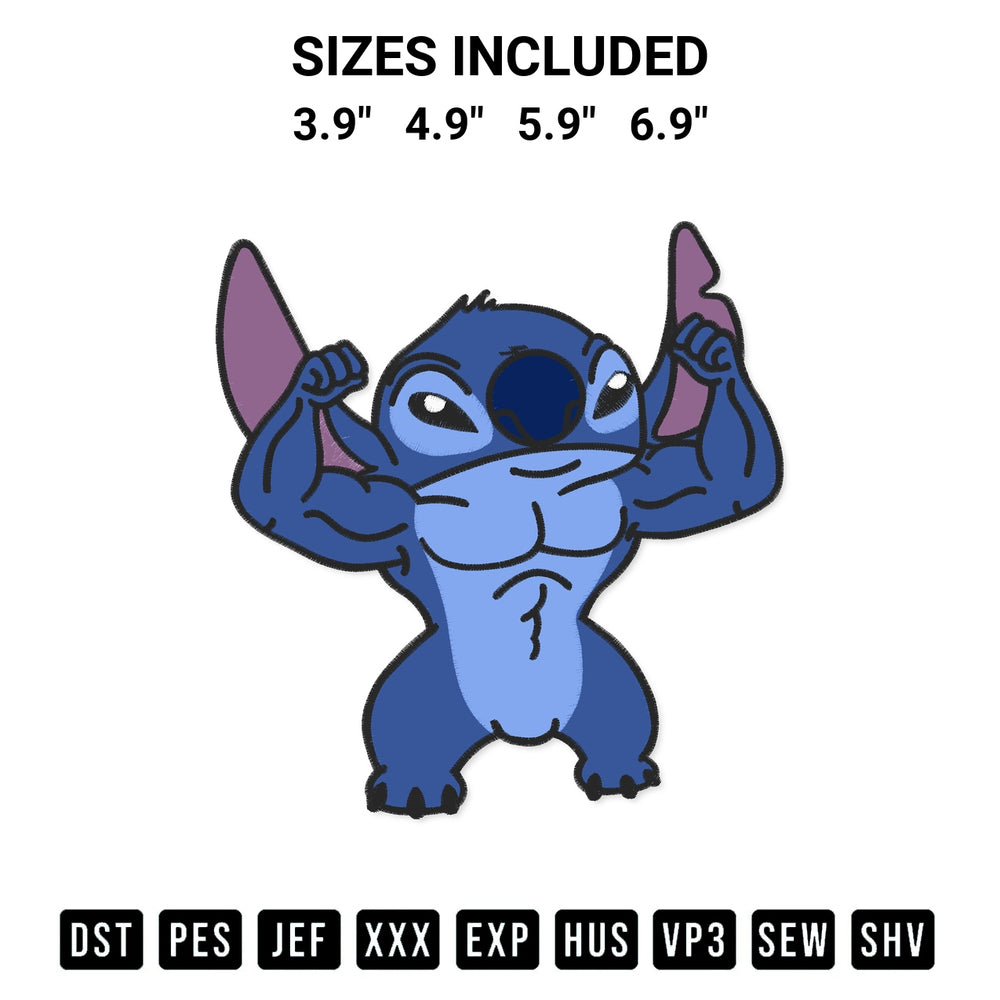 Stitch like a pro with the Muscular Stitch Embroidery Design embroidery pattern from Designspacks.com. High-quality digital machine embroidery file. Available sizes: 3.9", 4.9", 5.9", 6.9".