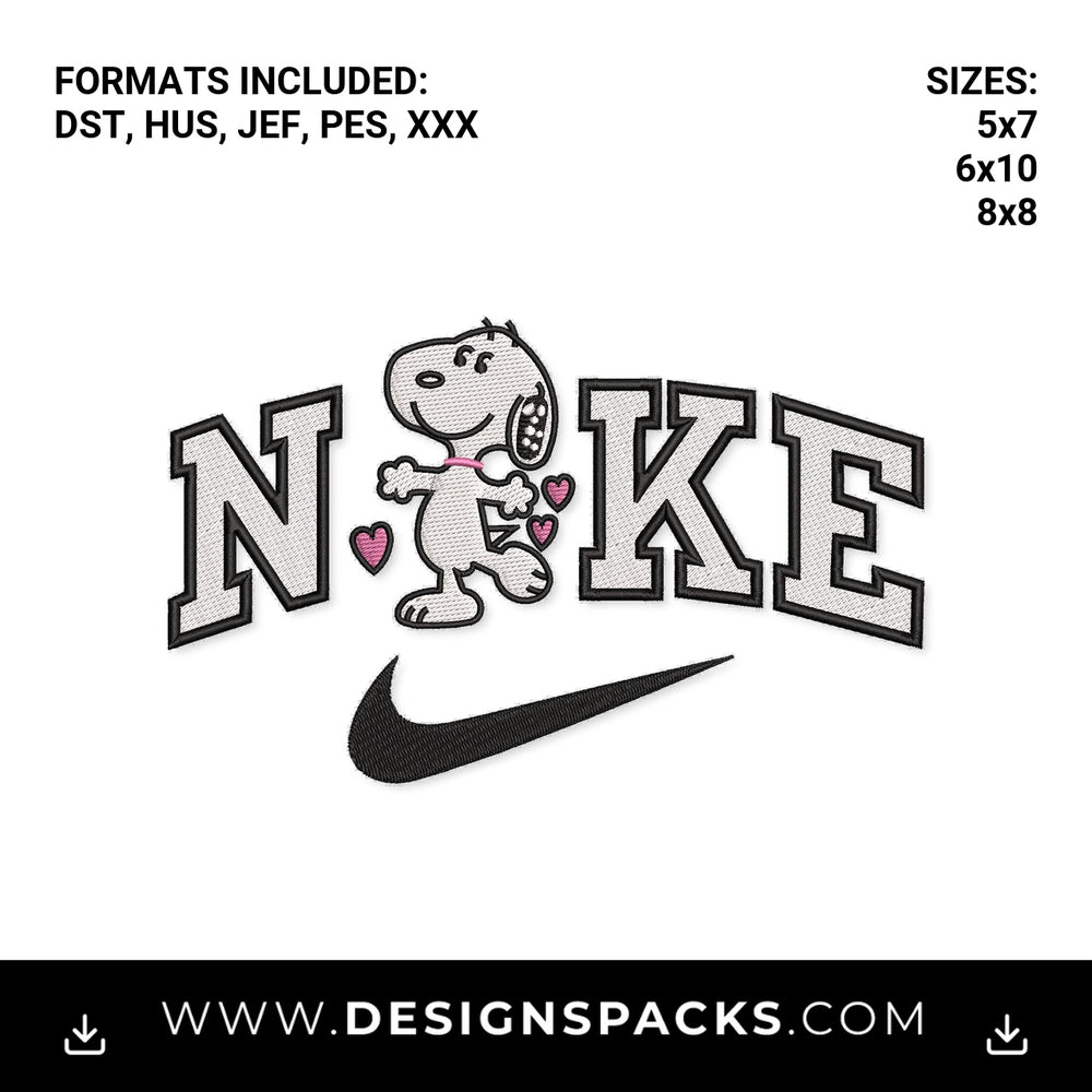 Snoopy Nike Swoosh Pink Hearts Logo Embroidery Design - Instant digital download pattern at Designspacks.com