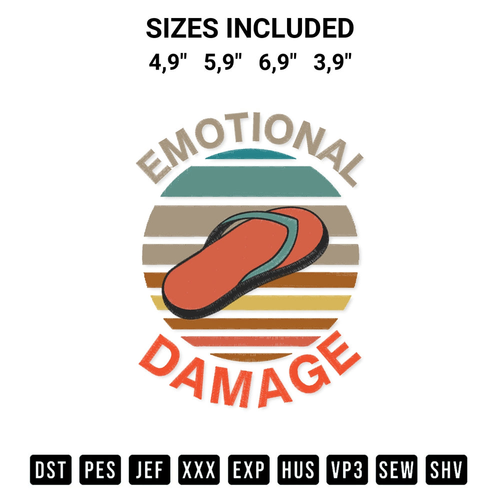 Add a unique touch to your apparel with the Flip Flops Emotional Damage Vintage Retro Style Sarcastic Meme Logo Embroidery Design embroidery file. Premium instant download available now on Designspacks.com. Available sizes: 4,9", 5,9", 6,9", 3,9".