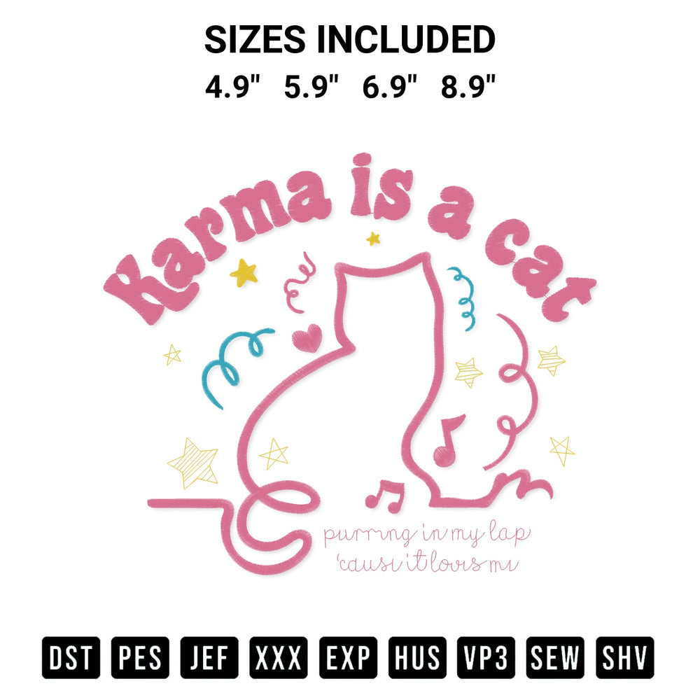 Elevate your next project with our Taylor Swift Karma Is A Cat Embroidery Design embroidery file. Shop high-quality digital patterns instantly at Designspacks.com. Available sizes: 4.9", 5.9", 6.9", 8.9".