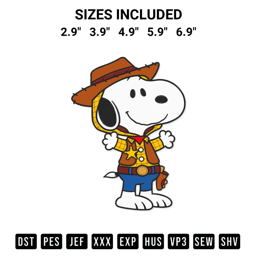 Discover the perfect addition to your crafting collection: Snoopy As Woody Embroidery Design embroidery file. Instantly available at Designspacks.com. Available sizes: 2.9", 3.9", 4.9", 5.9", 6.9".