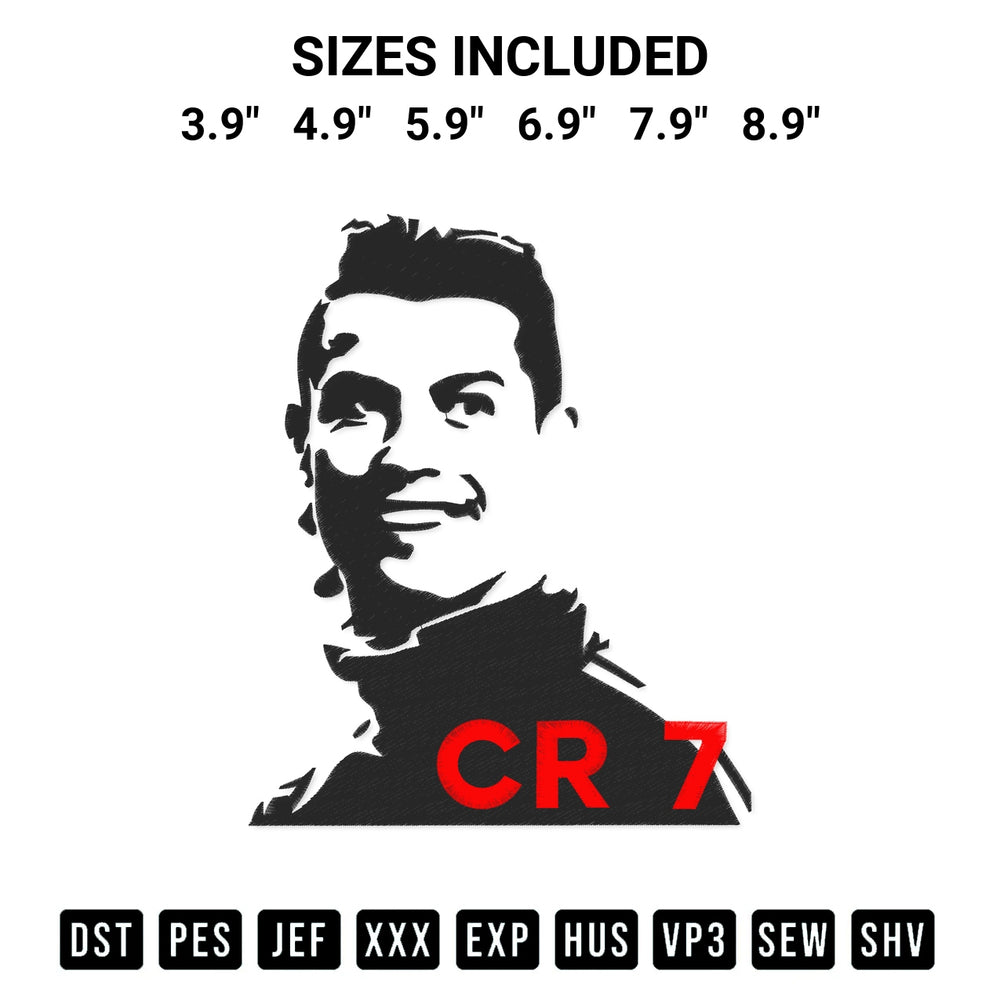 Create amazing crafts with the Cr7 Cristiano Ronaldo Embroidery Design embroidery file. High-quality digital download from Designspacks.com, perfect for beginners and pros. Available sizes: 3.9", 4.9", 5.9", 6.9", 7.9", 8.9".