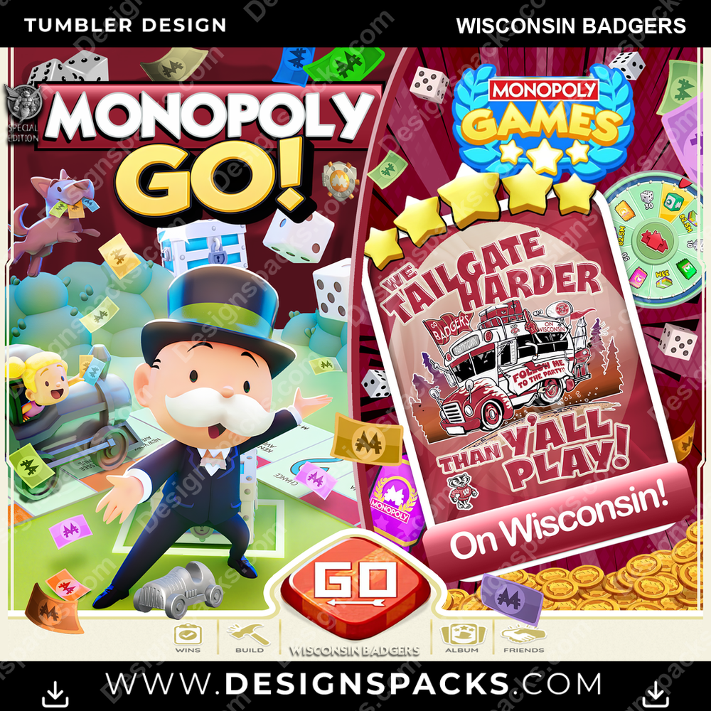 College Sport Monopoly Go! Wisconsin Badgers NCAA College Sport Tumbler Digital Wrap Design Download