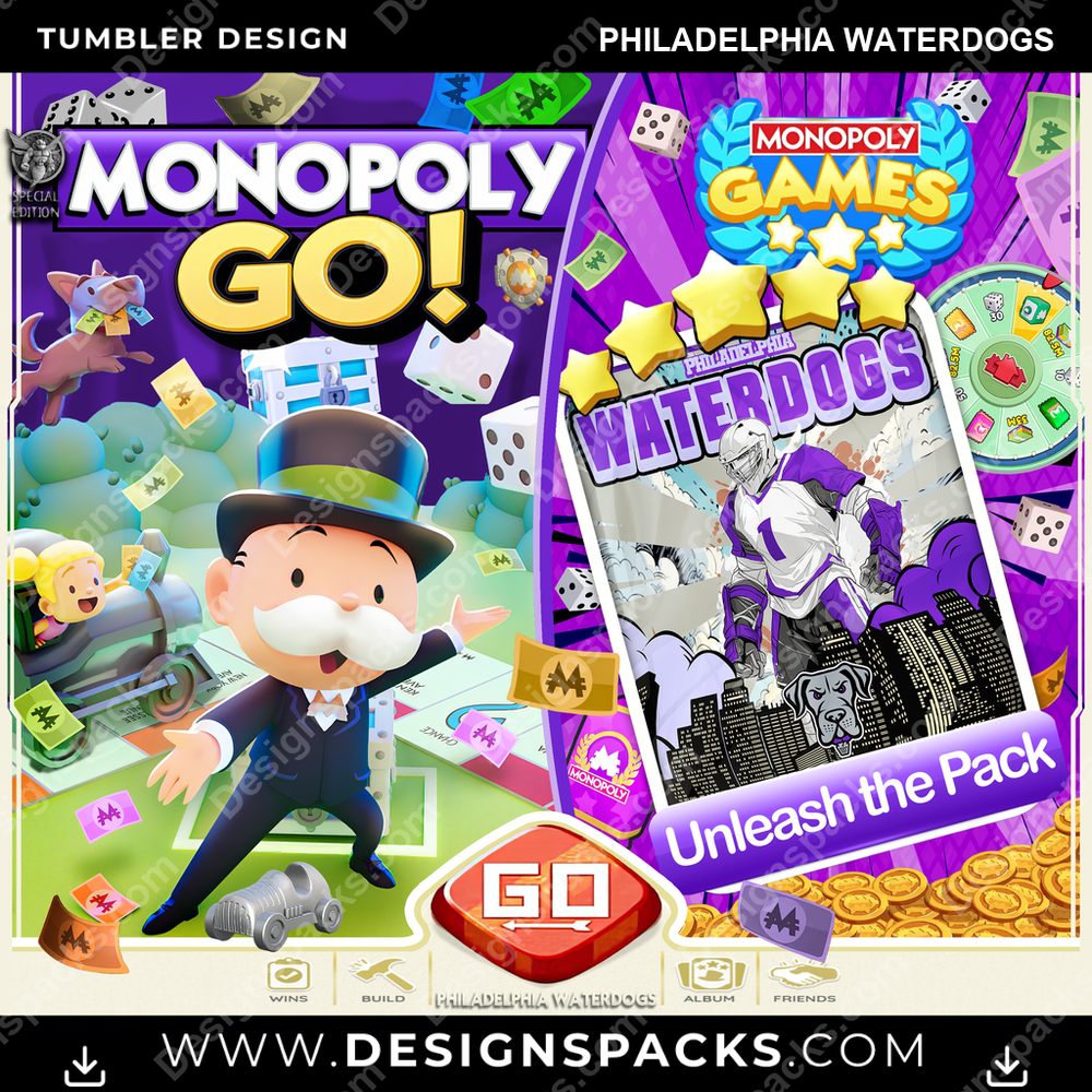 Lacrosse Monopoly Go! Philadelphia Waterdogs PLL Lacrosse Tumbler Digital Wrap Design Download