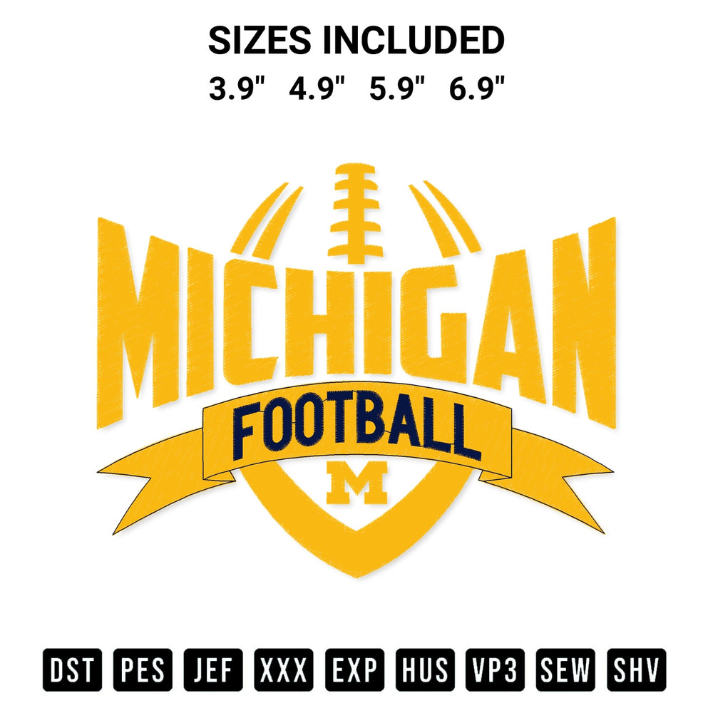 Create amazing crafts with the Michigan Football Embroidery Design embroidery file. High-quality digital download from Designspacks.com, perfect for beginners and pros. Available sizes: 3.9", 4.9", 5.9", 6.9".