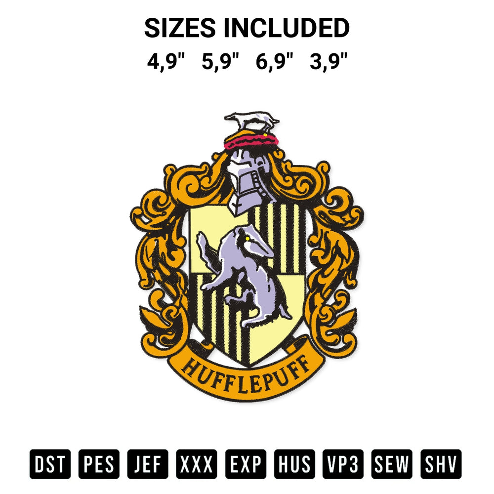 Create amazing crafts with the Harry Potter Hufflepuff Logo Embroidery Design embroidery file. High-quality digital download from Designspacks.com, perfect for beginners and pros. Available sizes: 4,9", 5,9", 6,9", 3,9".