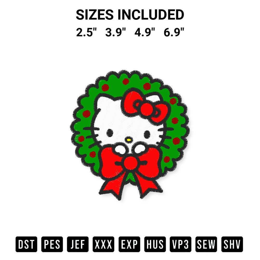Elevate your next project with our Christmas Wreath Flower Hello Kitty Embroidery Design embroidery file. Shop high-quality digital patterns instantly at Designspacks.com. Available sizes: 2.5", 3.9", 4.9", 6.9".